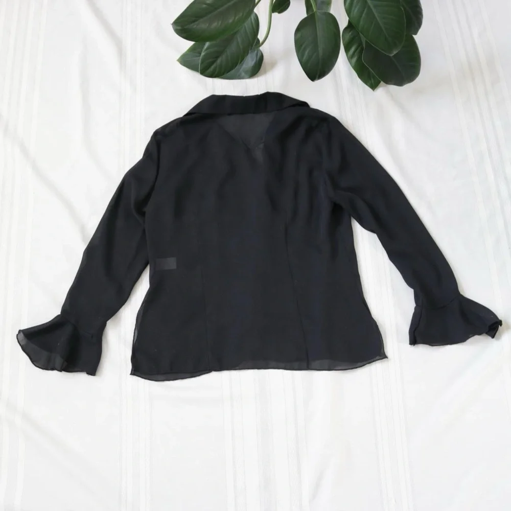 Black sheer mesh ruffle bell sleeve blouse - Picture 7 of 8